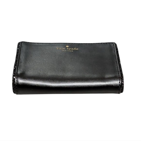 Kate Spade NY Wallet black Tellie leather glitter organizer billfold Tab close - Picture 7 of 8